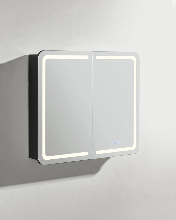 Mira bathroom mirror cabinet side view with partially open door on white background