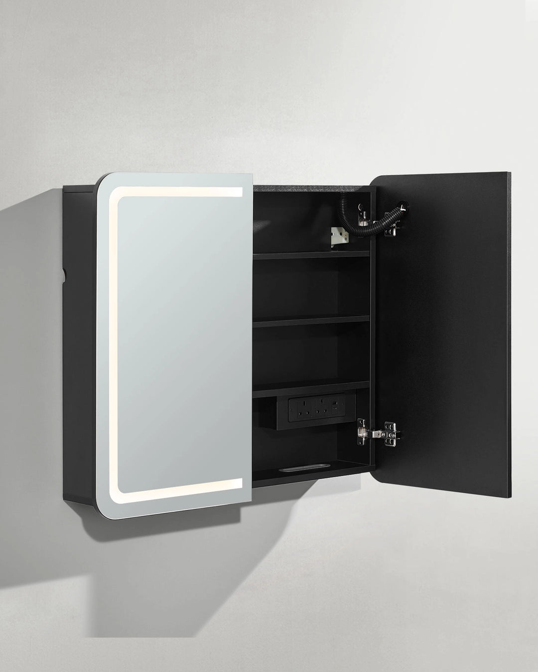 Mira bathroom mirror cabinet side view with partially open door on white background