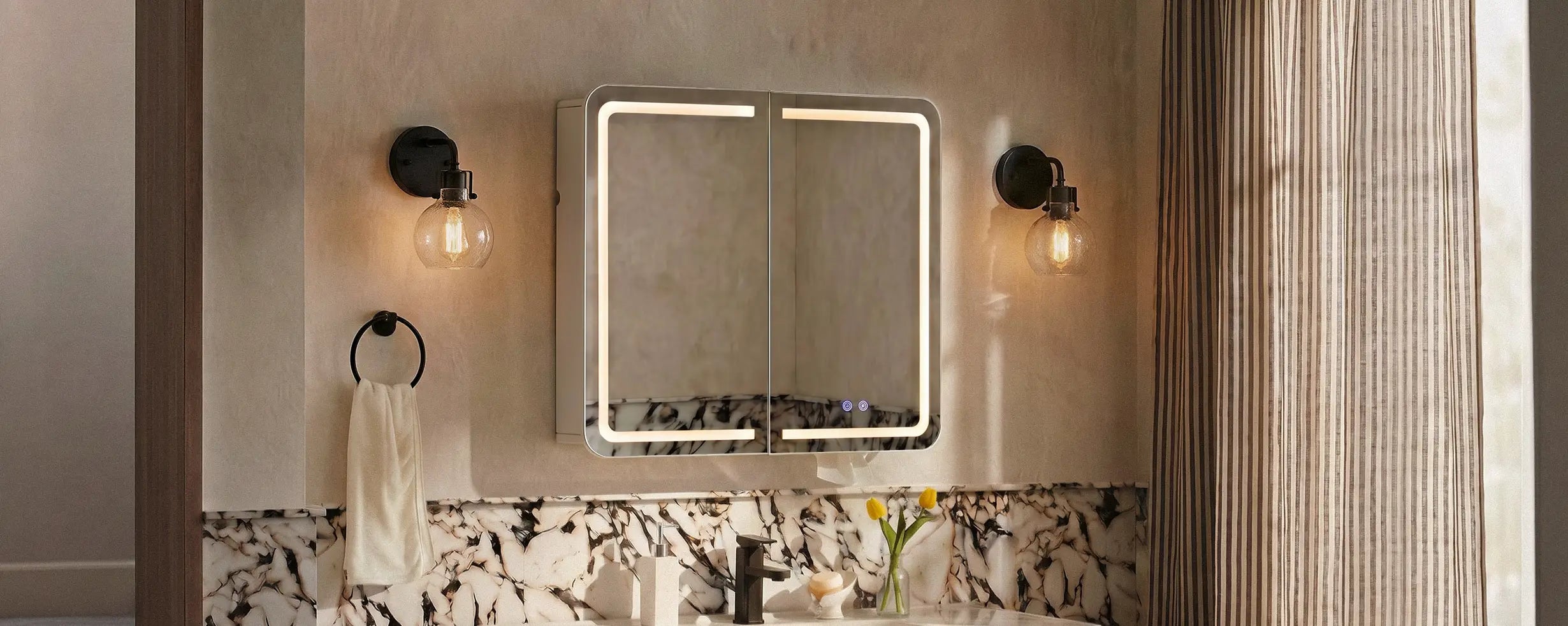 Mira anti fog bathroom mirror cabinet side view styled in contemporary bathroom