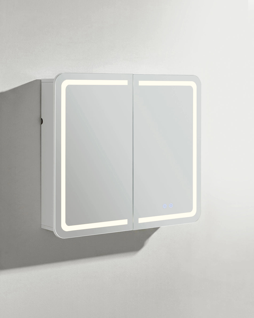 Mira bathroom mirror cabinet side view with partially open door on white background