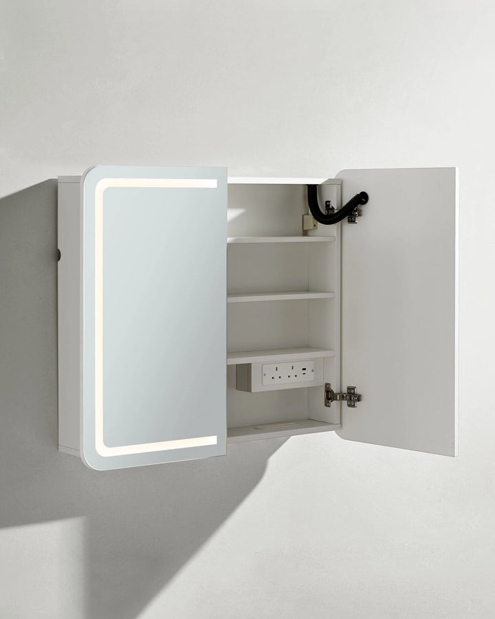Mira bathroom mirror cabinet side view with partially open door on white background
