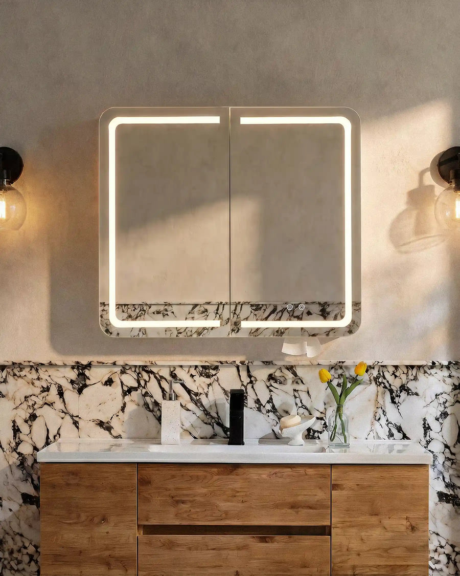 Mira anti fog bathroom mirror cabinet front view in modern bathroom setting