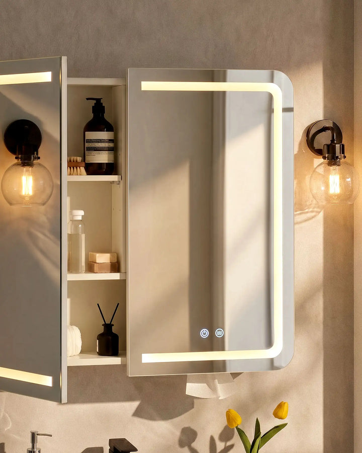 Mira anti fog bathroom mirror cabinet with partially open door detail