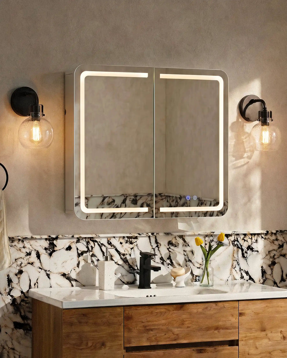 Mira anti fog bathroom mirror cabinet side view styled in contemporary bathroom