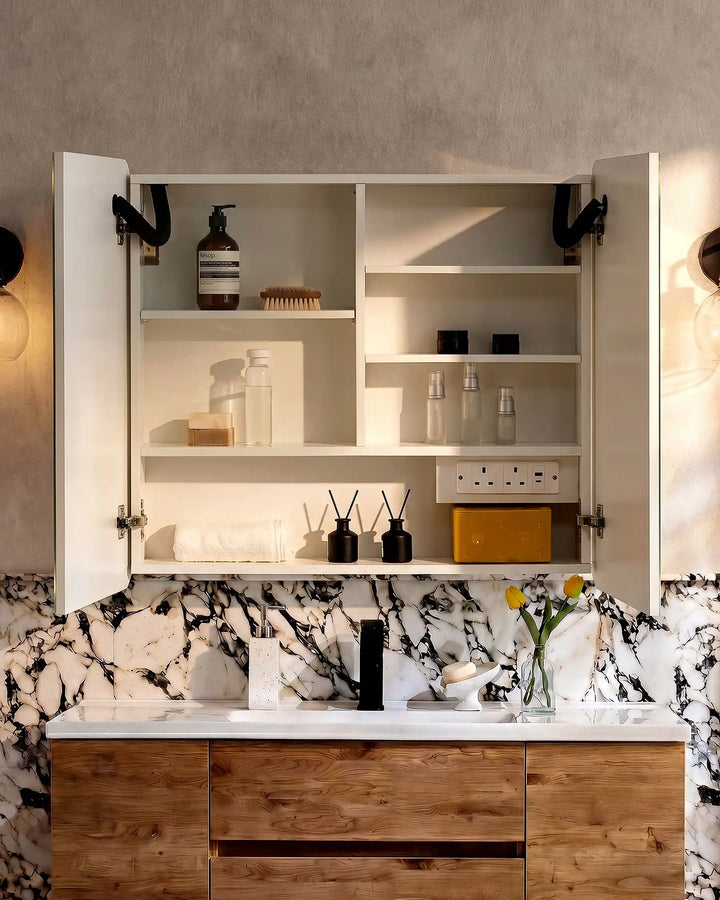 Mira bathroom mirror cabinet fully open showing internal storage compartments
