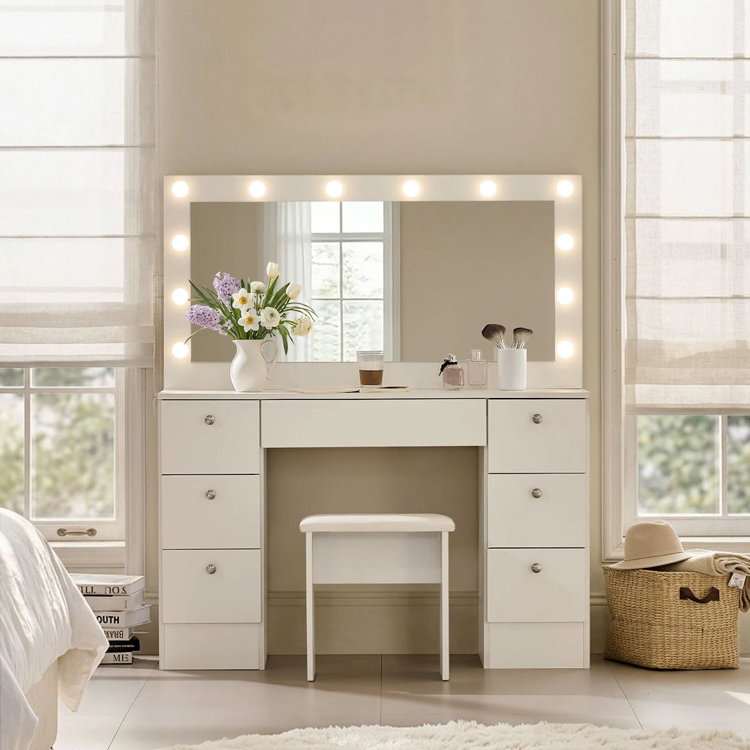 Modena Hollywood dressing table set front view in a bright bedroom, white vanity desk with mirror UK