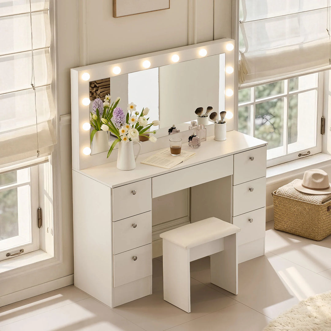 Modena Hollywood dressing table set top view in a modern bedroom, makeup vanity table UK