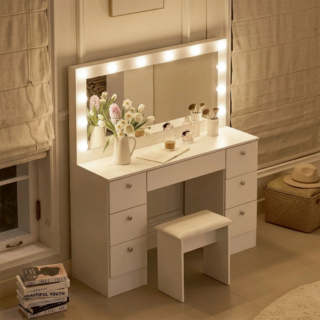 Modena Hollywood dressing table set with LED lights on at night, illuminated vanity mirror UK