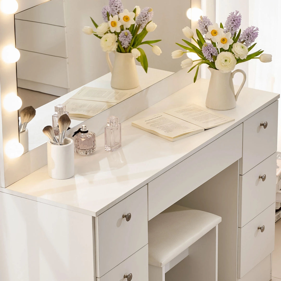 Hollywood White Dressing Table with 6 Drawers, 3-Colour LED Bulbs Vanity Desk with Stool – CLIPOP furniture Hollywood White Dressing Table with 6 Drawers, 3-Colour LED Bulbs Vanity Desk with Stool – CLIPOP furniture
