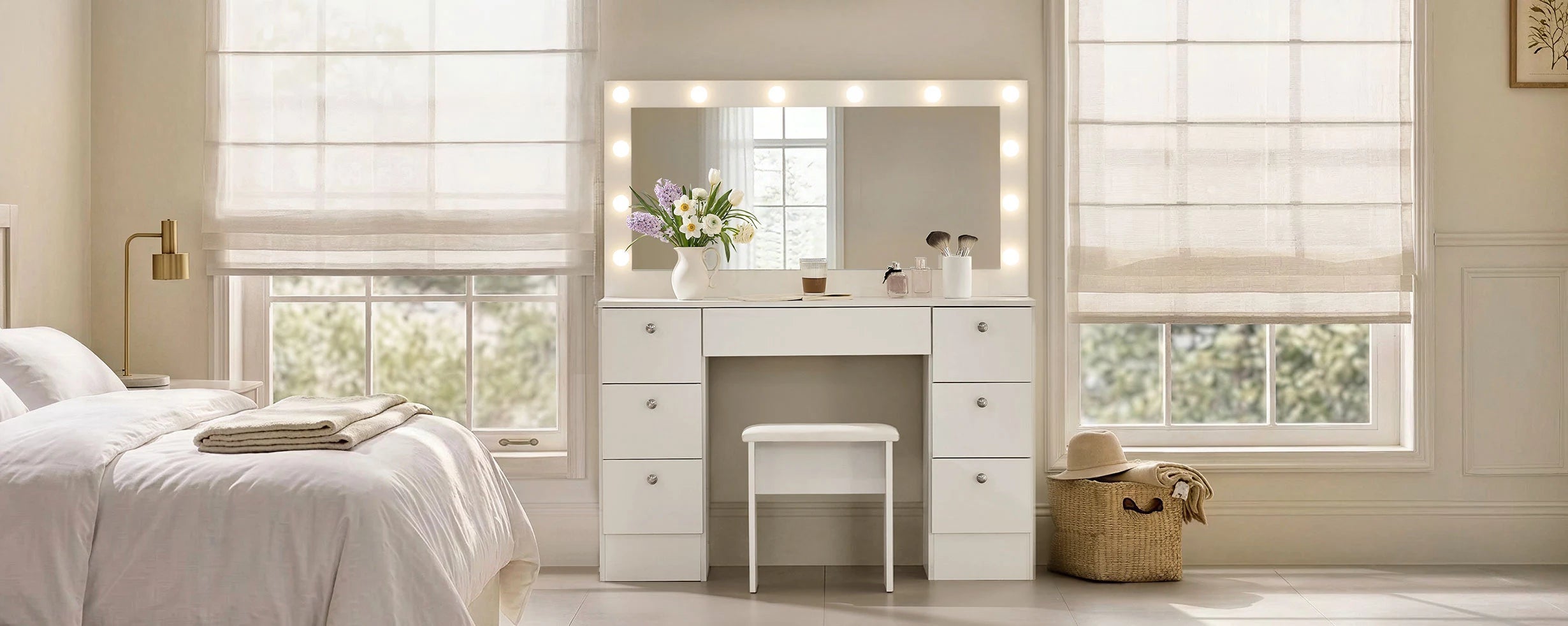 Modena Hollywood dressing table set front view in a bright bedroom, white vanity desk with mirror UK