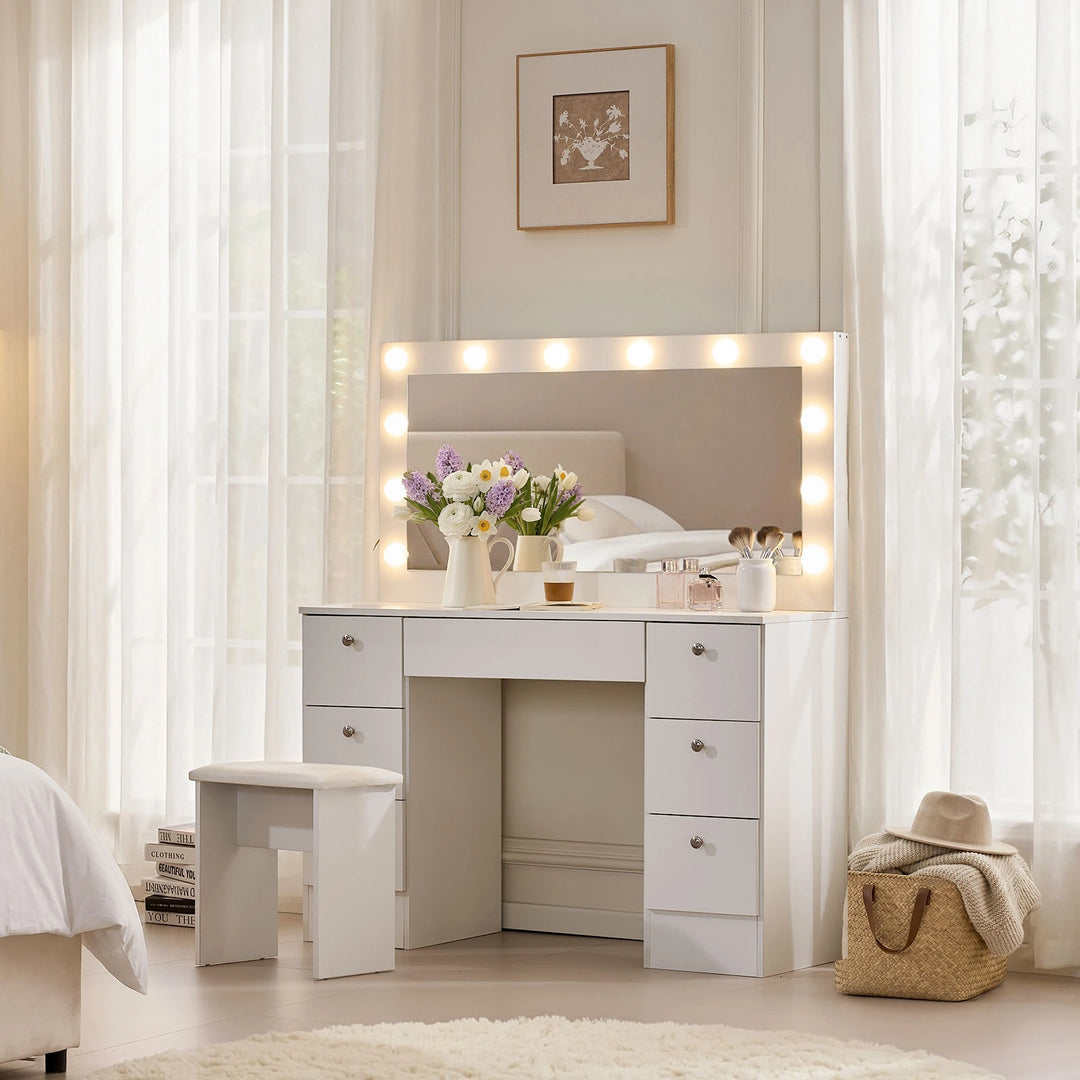 Modena Hollywood dressing table set in a bright bedroom, side view, modern white vanity table UK