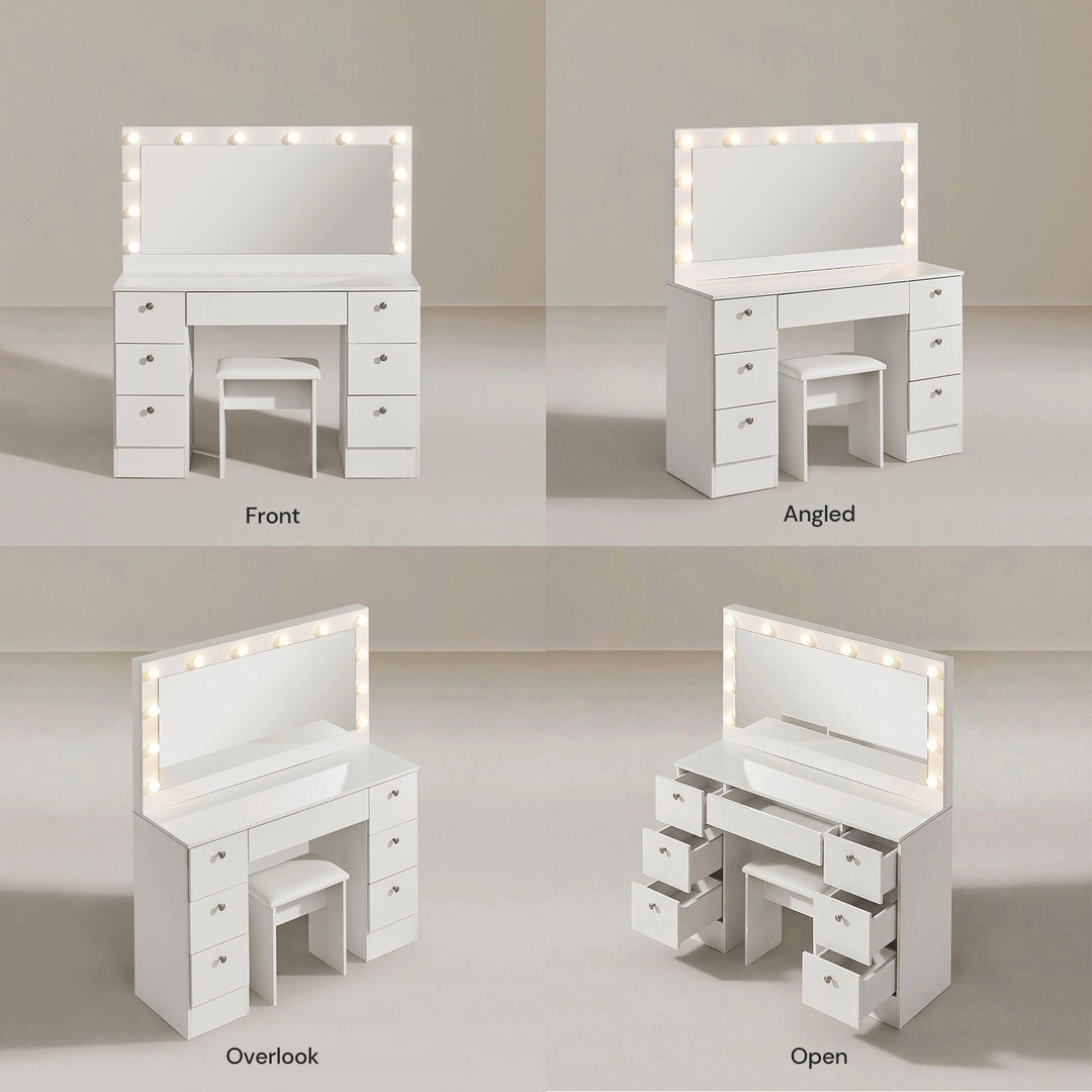 Modena Hollywood dressing table multiple angles front side and top view, white dressing table set UK