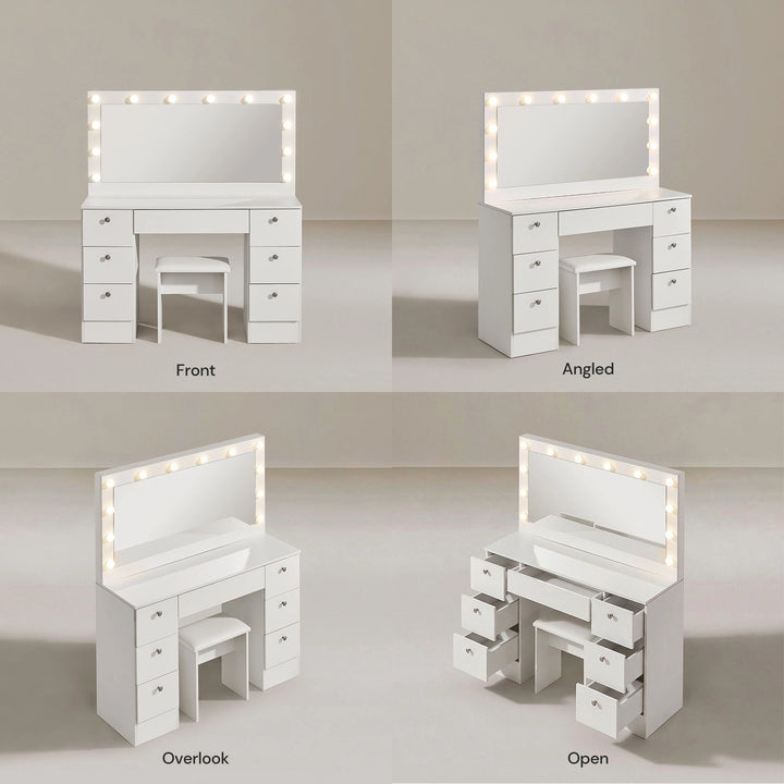 Modena Hollywood dressing table multiple angles front side and top view, white dressing table set UK