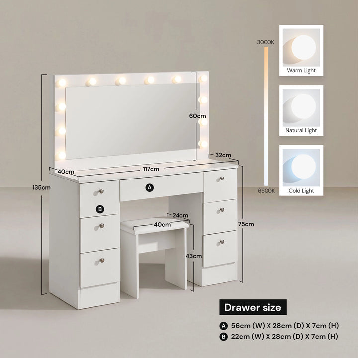 Modena Hollywood dressing table dimensions diagram, vanity table measurements UK