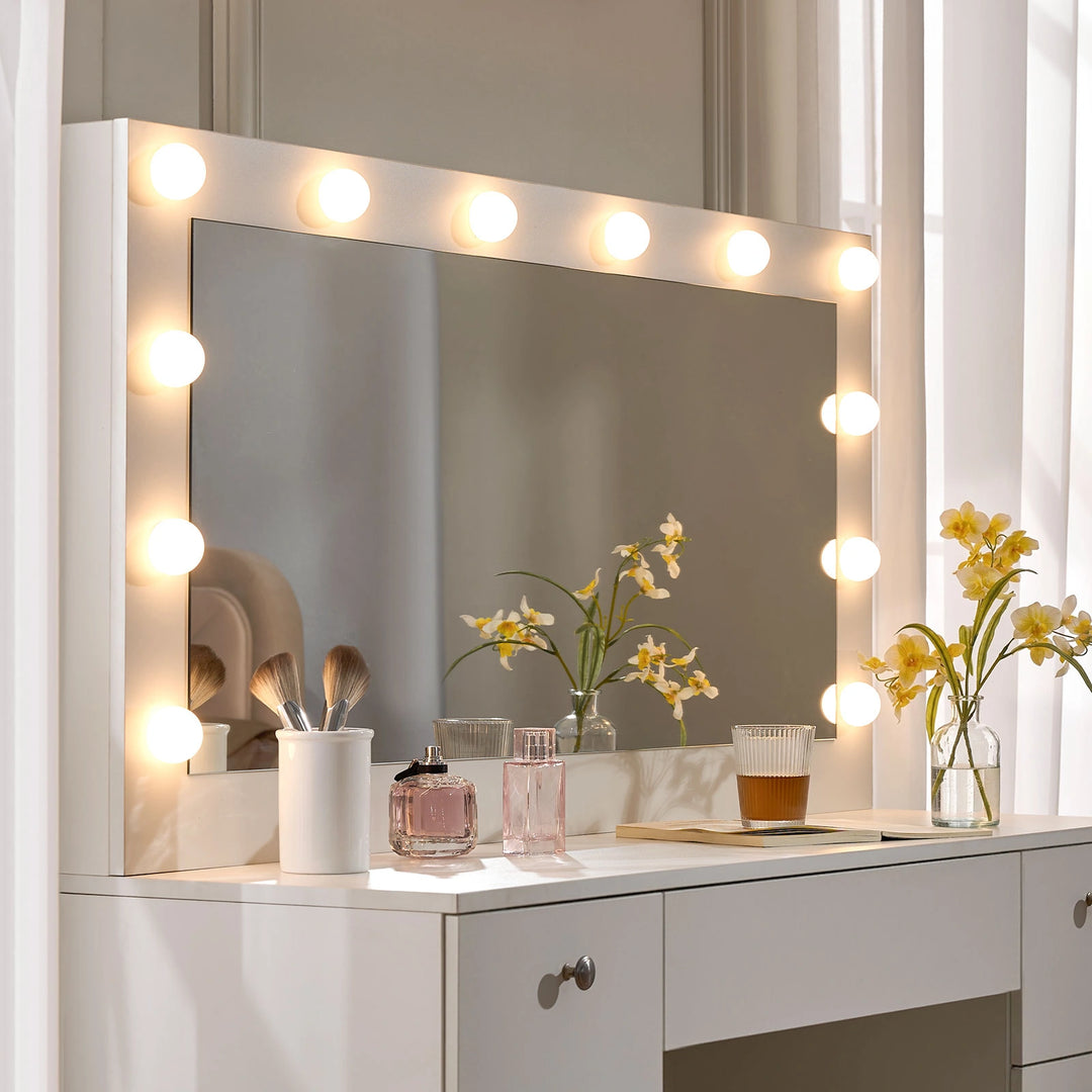 Modena Hollywood dressing table LED mirror with bulbs switched on, makeup mirror with lights UK