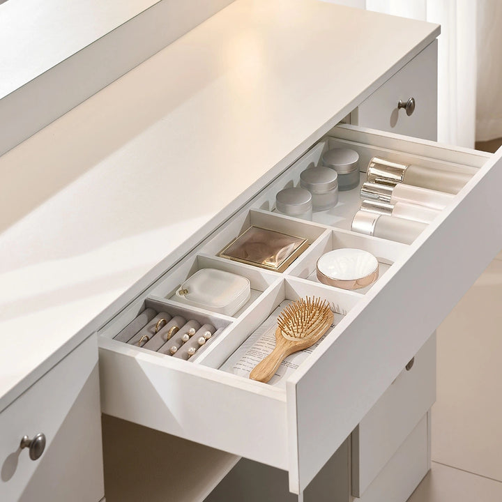 Modena Hollywood dressing table drawers open with organised cosmetics, storage vanity table UK