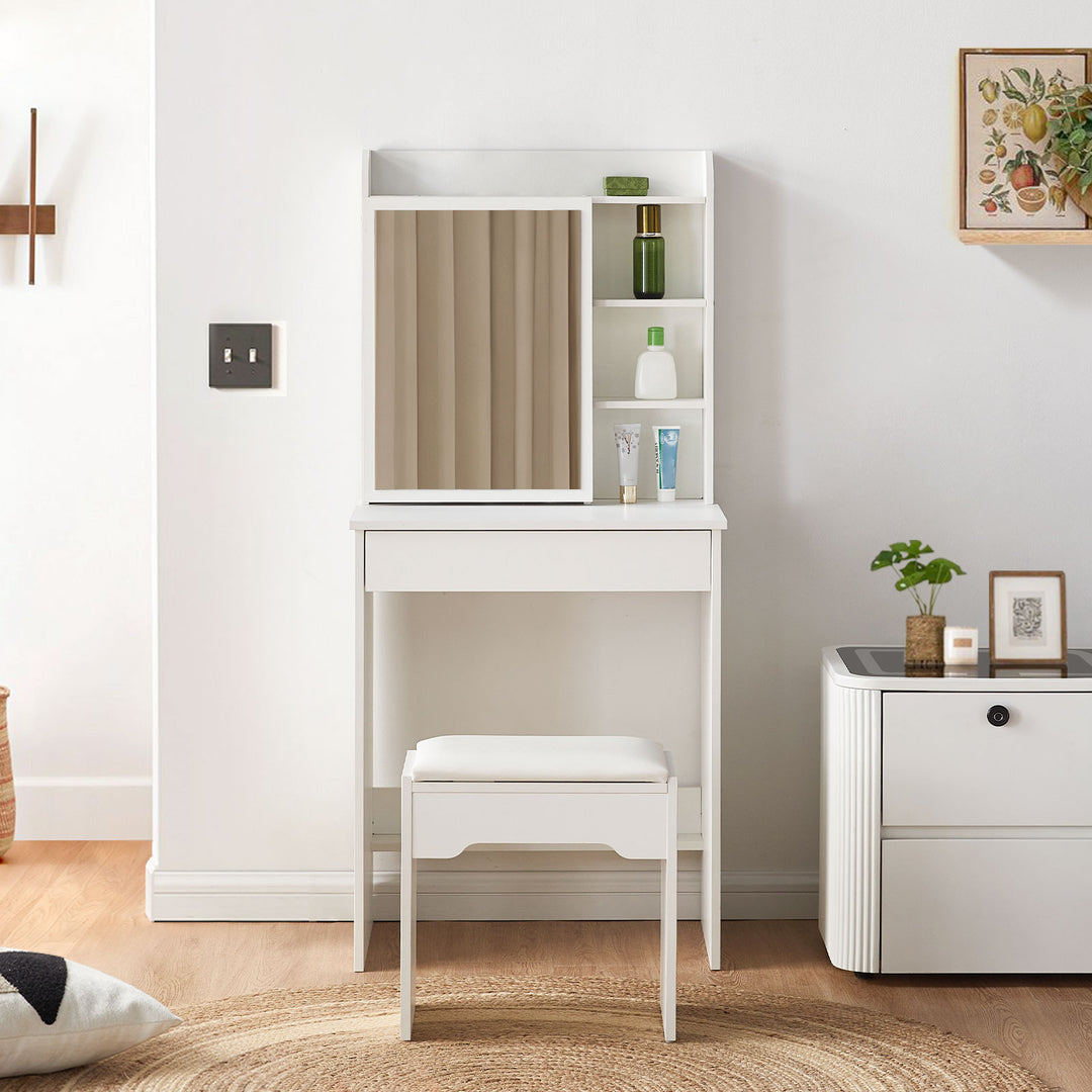 short dressing table Costway Vanity Set with Mirror and Lights Dressing Table and Chair 4 Drawers 3 Open Shelves Black/White, Color: White, Model: HCST05061