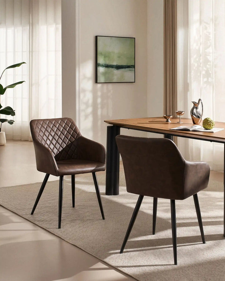 Moree Brown Faux Leather Dining Chairs Styled Beside Modern Dining Table in Contemporary Dining Room