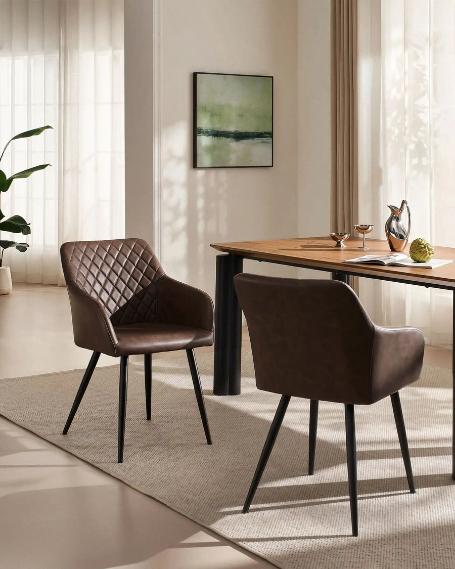 Moree Brown Faux Leather Dining Chairs Styled Beside Modern Dining Table in Contemporary Dining Room