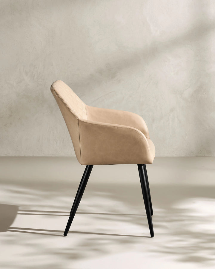 Moree beige Faux Leather Dining Chair Side 90 Degree View on White Background with Natural Shadow