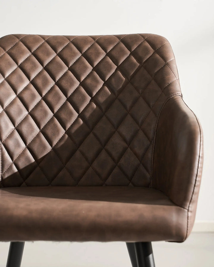 Front Detail of Moree Brown Faux Leather Dining Chair Seat, Armrests and Backrest
