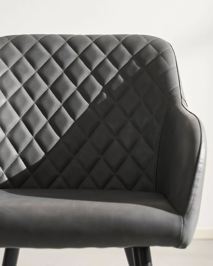 Front Detail of Moree dark grey Faux Leather Dining Chair Seat, Armrests and Backrest
