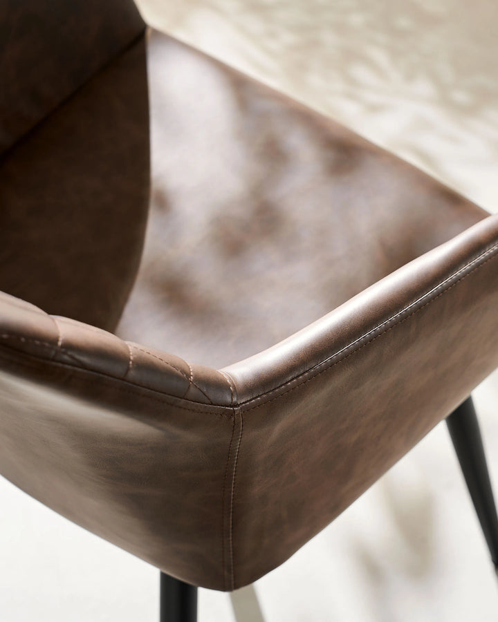 Top View of Wide Padded Seat on Moree Brown Faux Leather Dining Chair