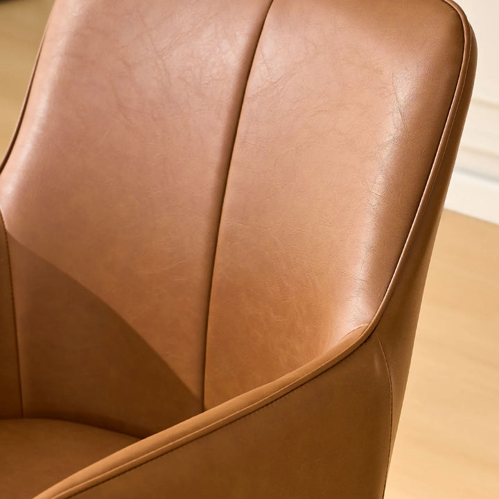 Backrest detail of Muhsina brown faux leather dining chair with stitched design