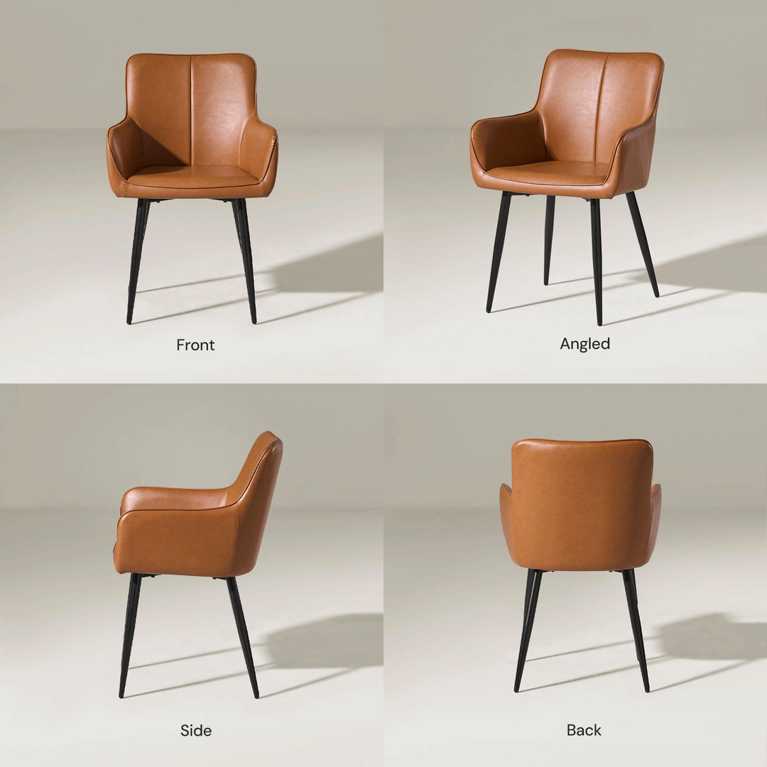 Muhsina brown faux leather dining chair front, side and back view on white background