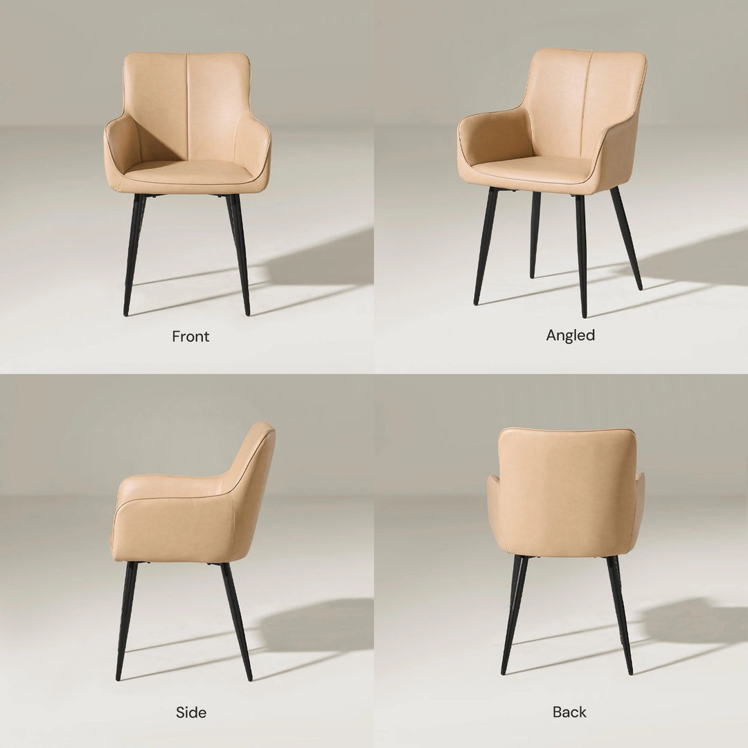Muhsina beige faux leather dining chair front, side and back view on white background