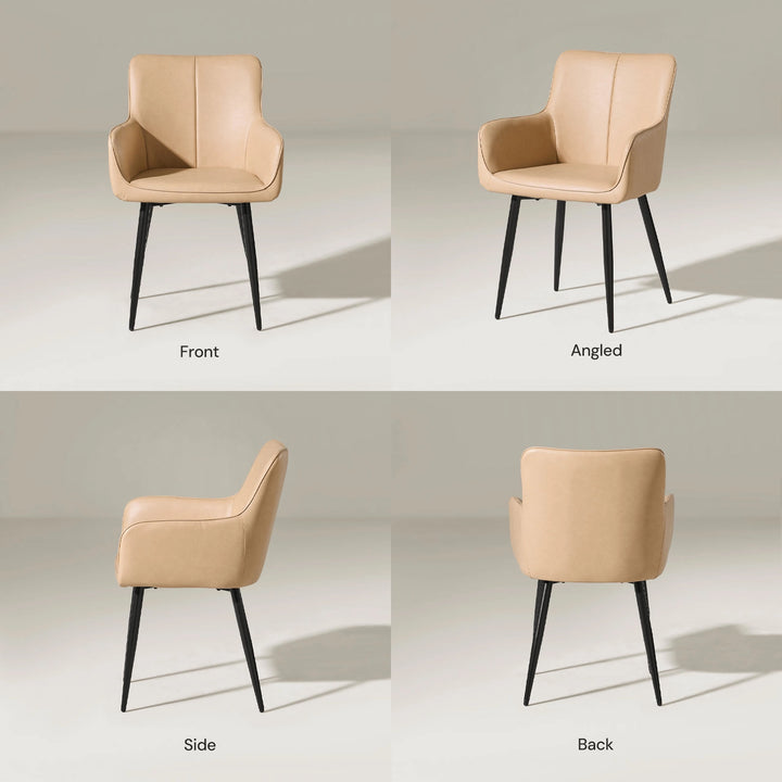 Muhsina beige faux leather dining chair front, side and back view on white background
