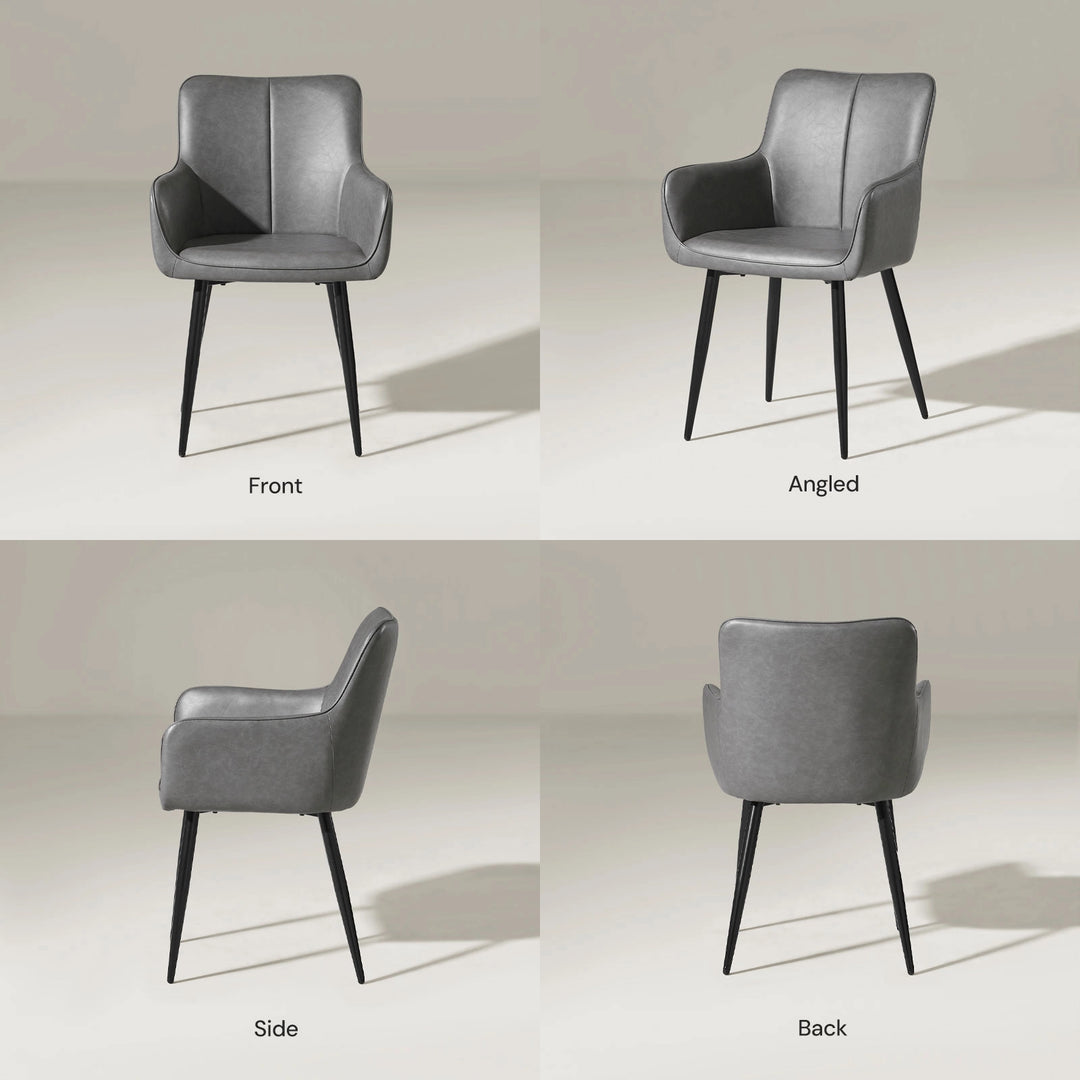 Muhsina grey faux leather dining chair front, side and back view on white background