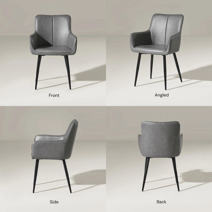 Muhsina grey faux leather dining chair front, side and back view on white background