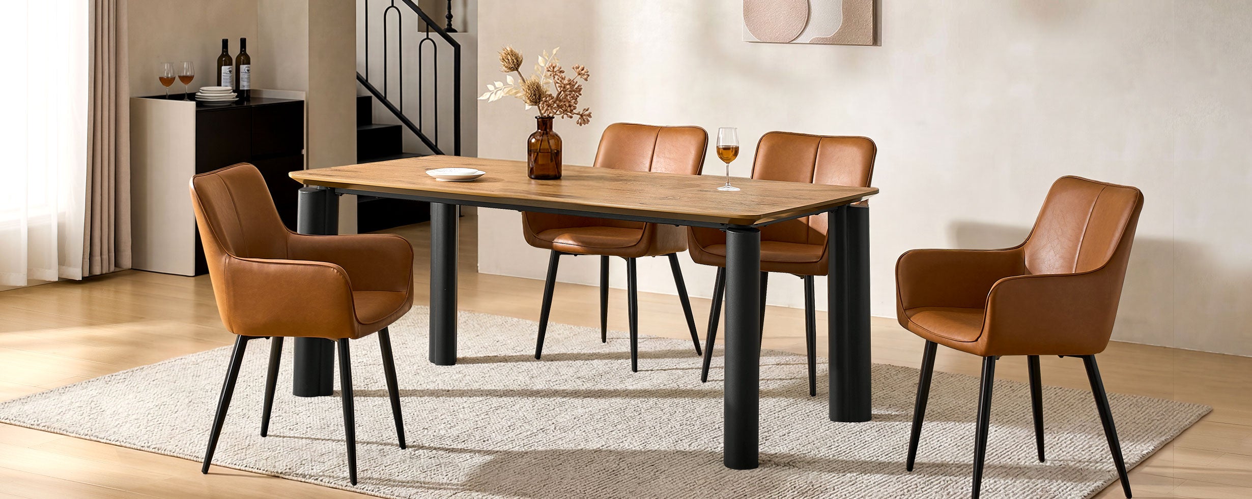 Muhsina brown faux leather dining chairs creating a warm and modern dining room look