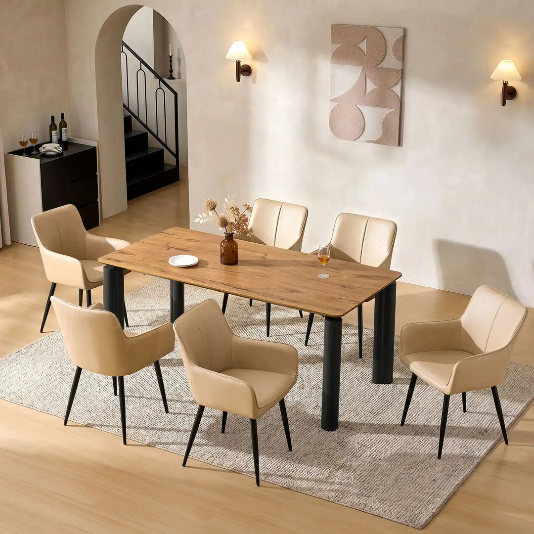 Top view of six Muhsina beige faux leather dining chairs around a dining table