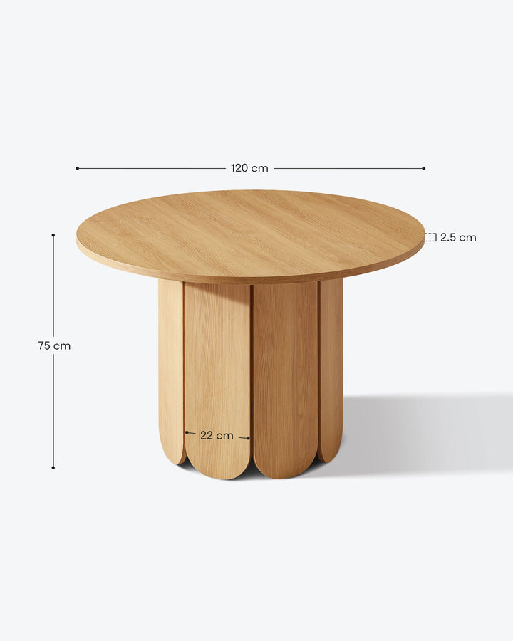 Nara round dining table dimension guide showing the tabletop diameter, overall height and pedestal base measurements for reference