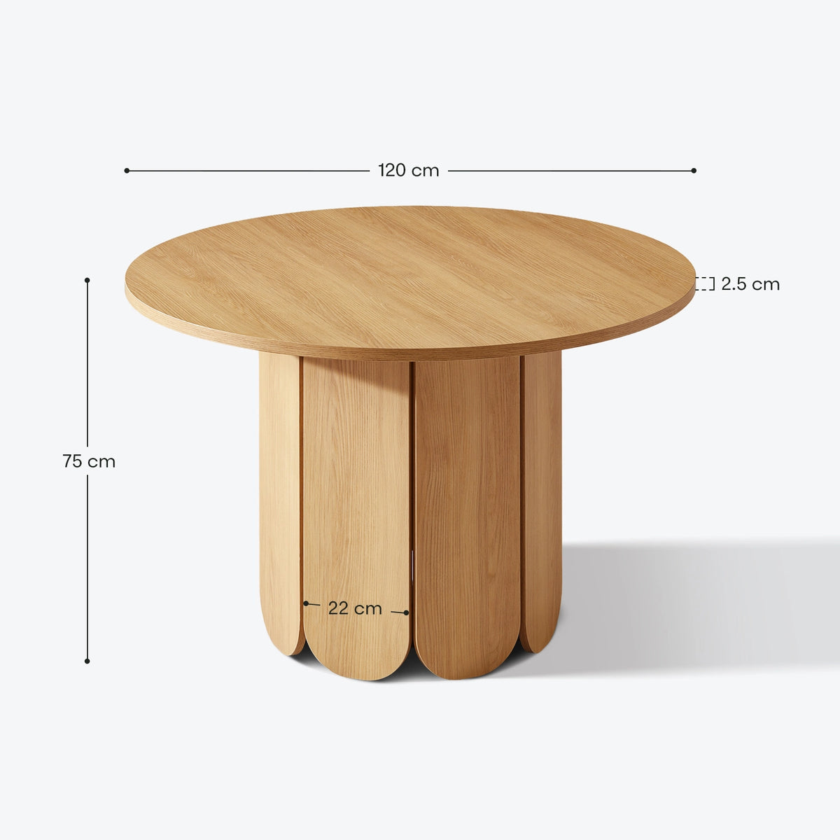 Nara round dining table technical drawing showing the tabletop diameter, overall height and pedestal base dimensions