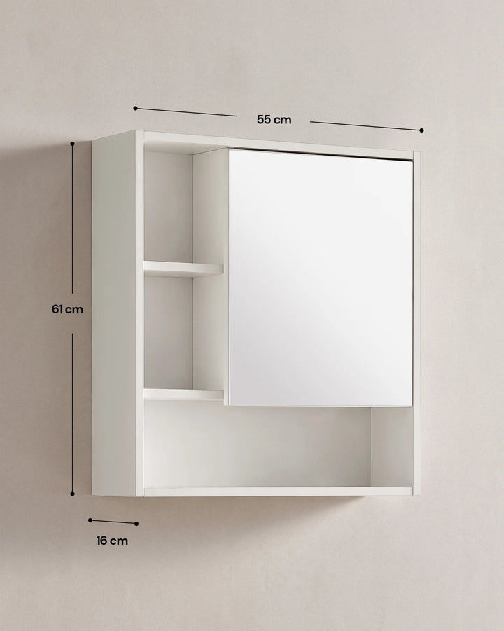Dimensions of the White bathroom mirror cabinet, featuring a clean rectangular mirror door and open side storage compartments against a plain background.