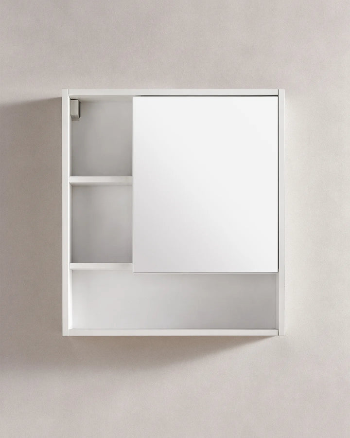 Front view of a white bathroom mirror cabinet with a rectangular mirrored door and integrated open shelving for bathroom essentials.