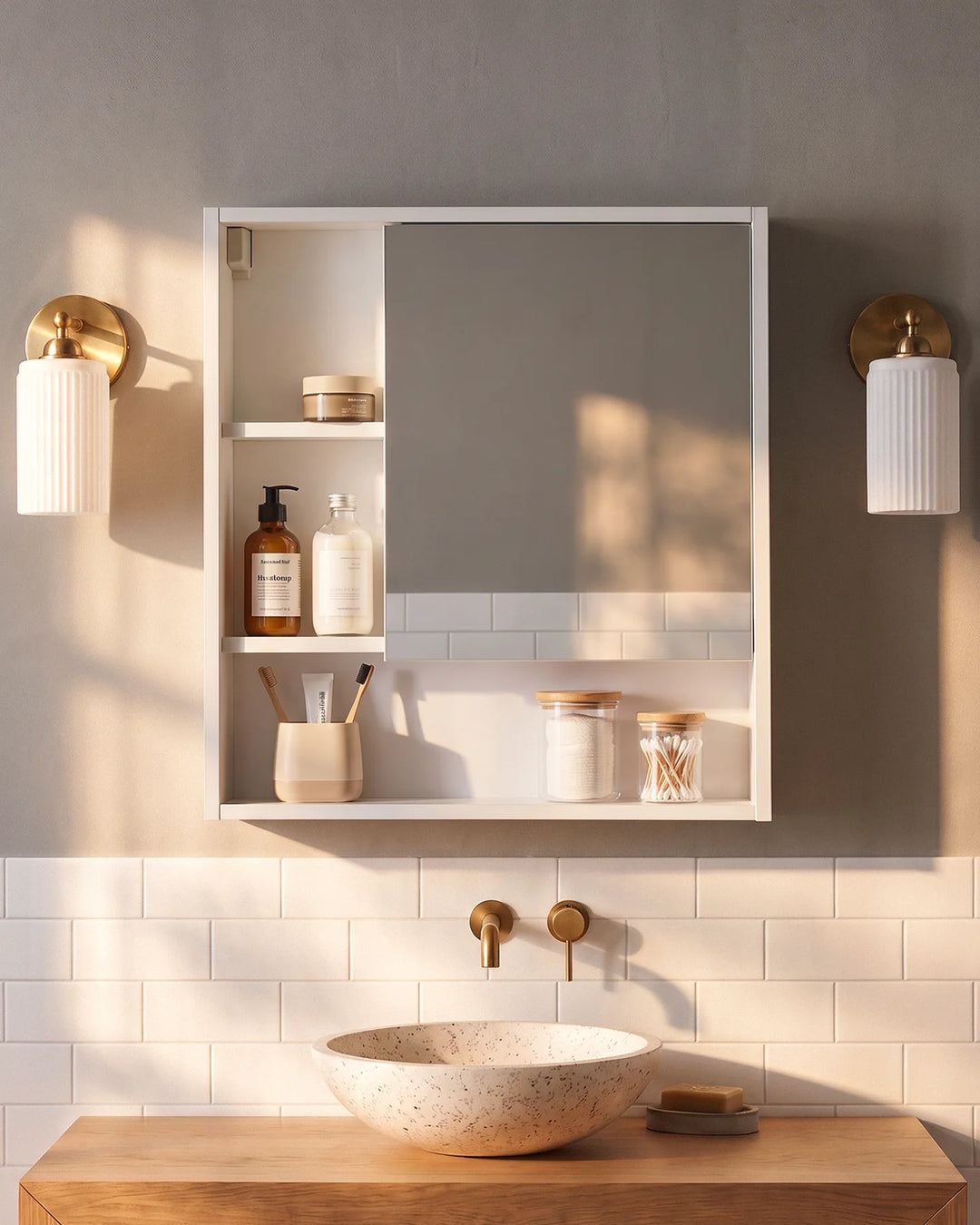 White bathroom mirror cabinet with open side shelves above a wooden vanity, styled with brass wall lights, a ceramic basin and warm neutral bathroom tiles.