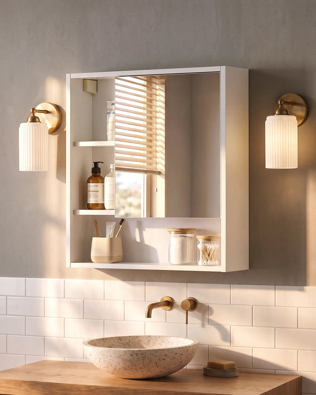 White mirrored bathroom cabinet above a ceramic basin, paired with warm brass wall lighting and natural wood accents for a contemporary bathroom.