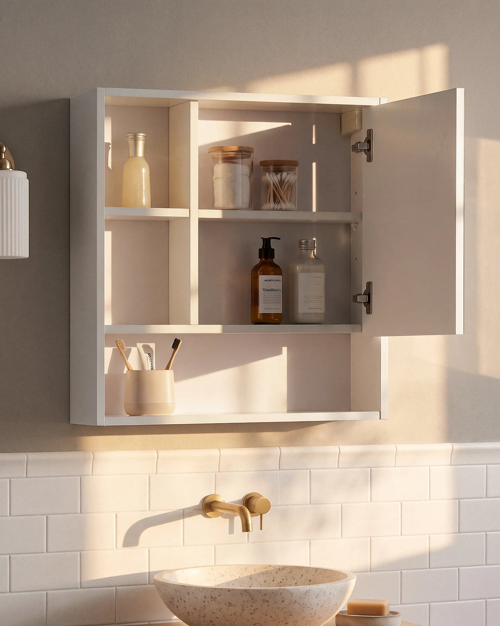 White bathroom mirror cabinet with open shelving on both sides, styled with toiletries and decorative accessories above a bathroom basin.