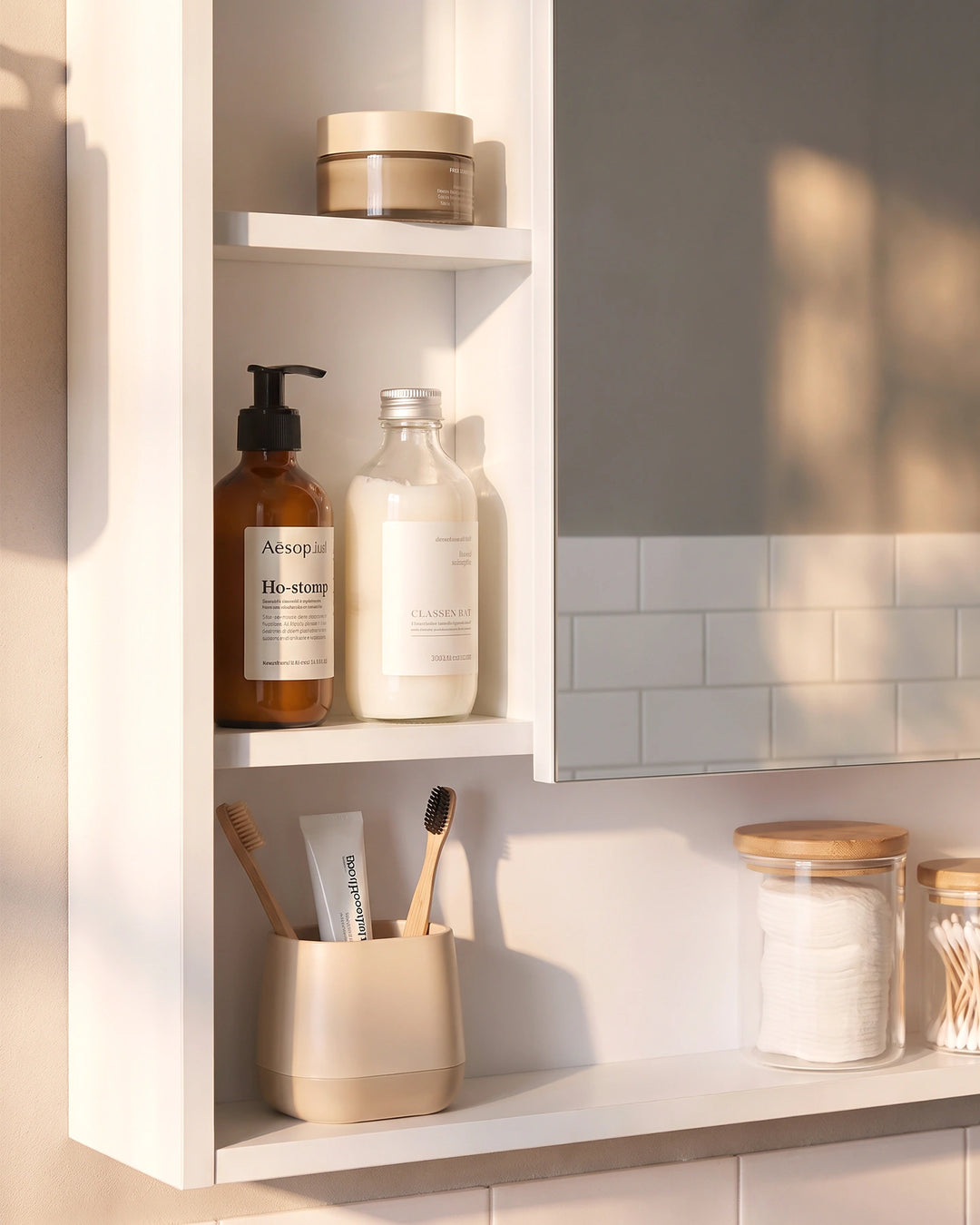 Close-up of the open shelves on a white bathroom mirror cabinet, arranged with everyday toiletries and neutral-toned bathroom accessories.