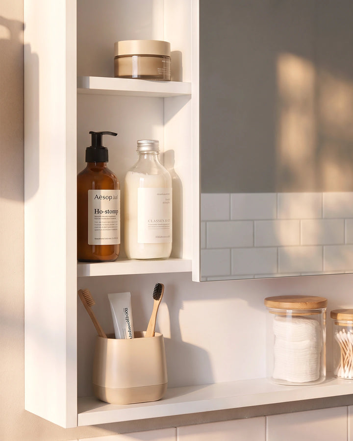 Close-up of the open shelves on a white bathroom mirror cabinet, arranged with everyday toiletries and neutral-toned bathroom accessories.