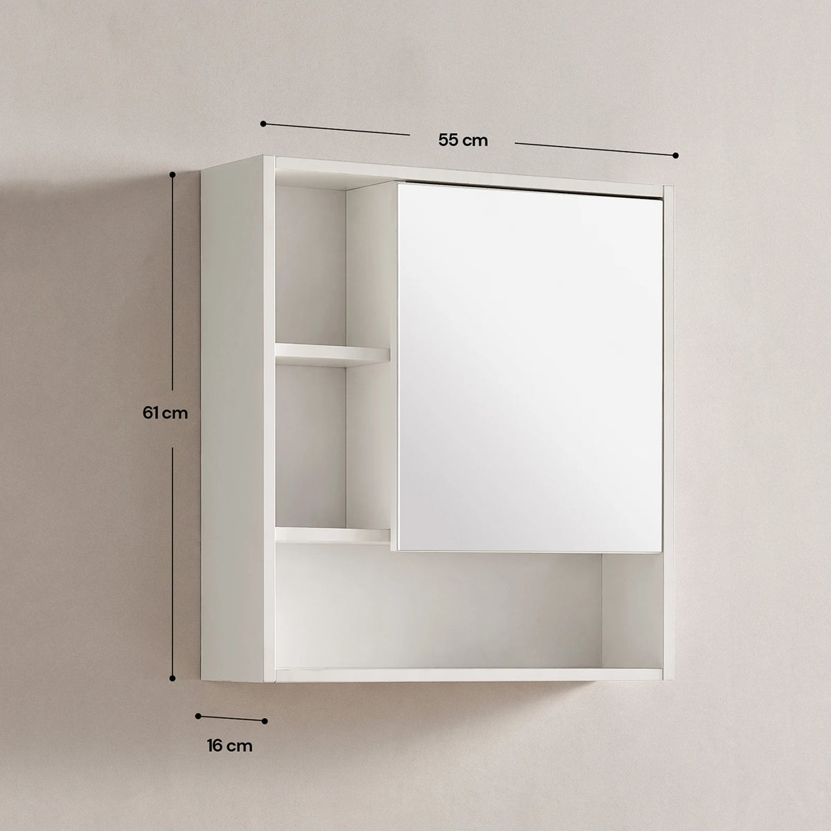 The dimension details of the White bathroom mirror cabinet featuring 1 mirror and 3 open shelves.