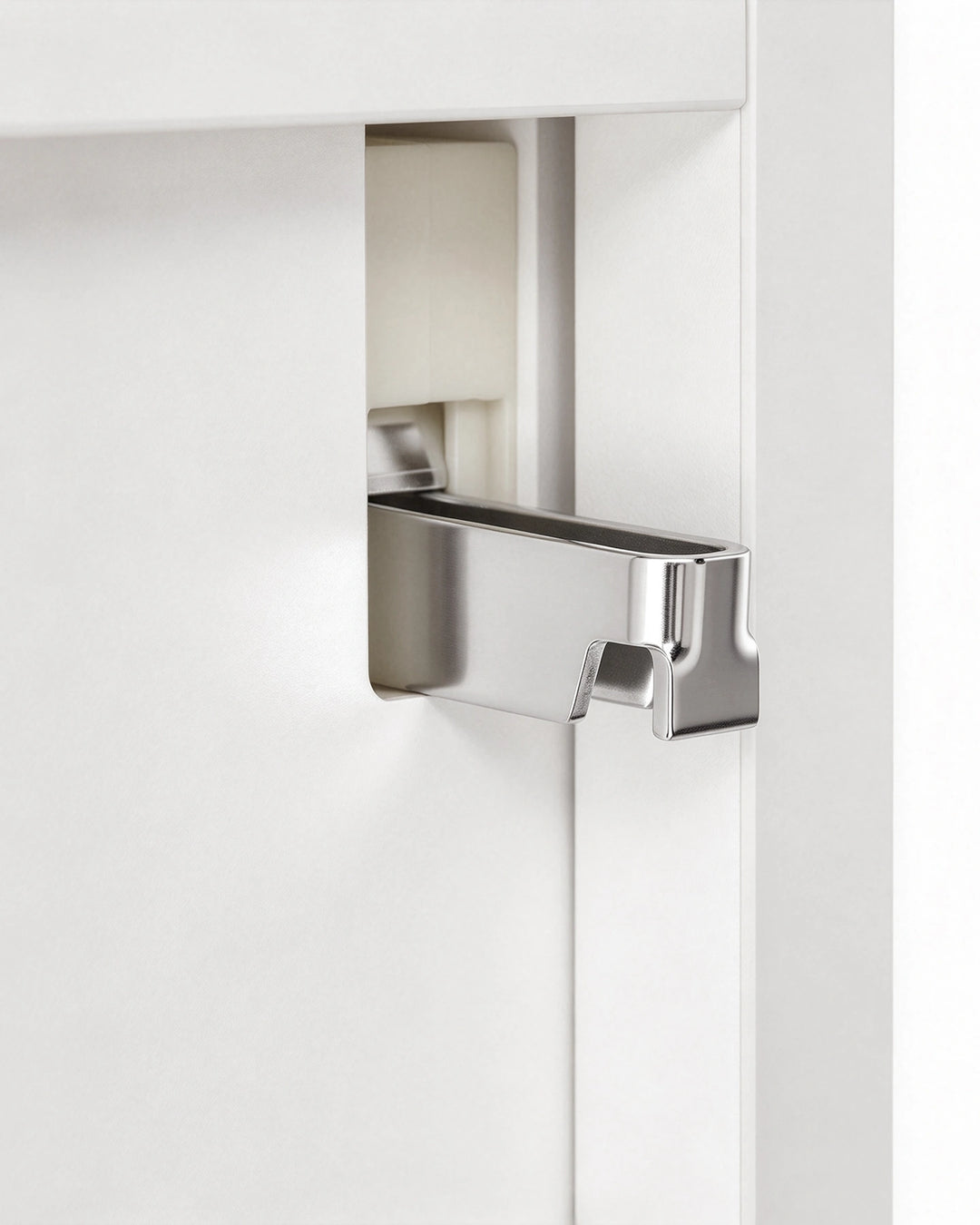 Close-up of the rear mounting area on a white bathroom mirror cabinet, showing the fixing point for secure wall installation.