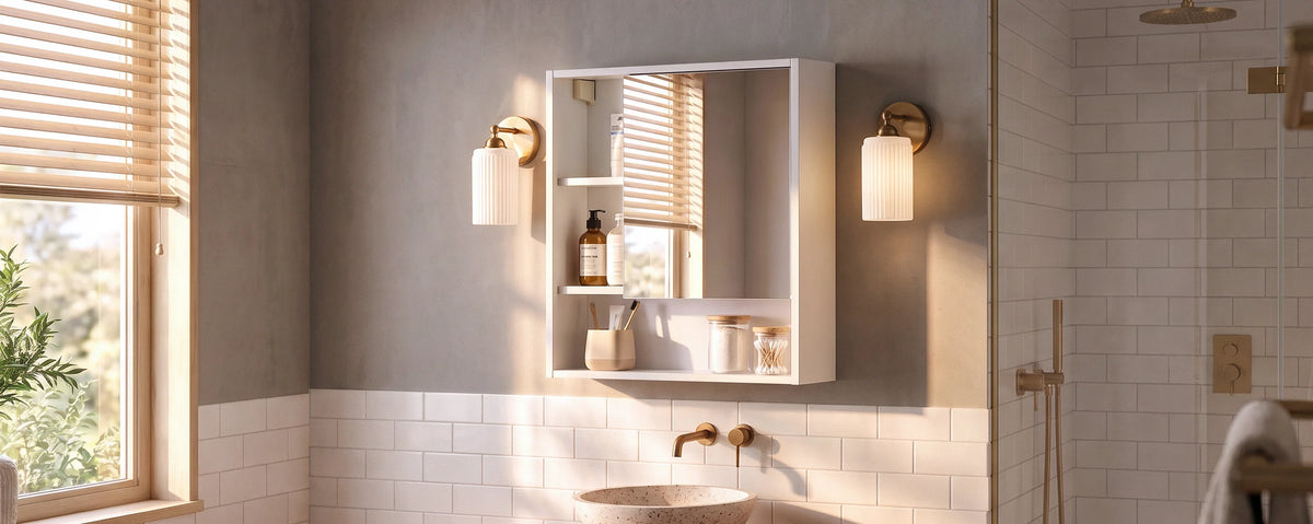 White bathroom mirror cabinet above a vanity basin, styled with warm neutral tiles, wooden accents and soft natural light for a contemporary bathroom interior.