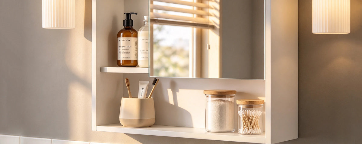 Close-up details of the open shelf of the Nelle Bathroom Mirror Cabinet