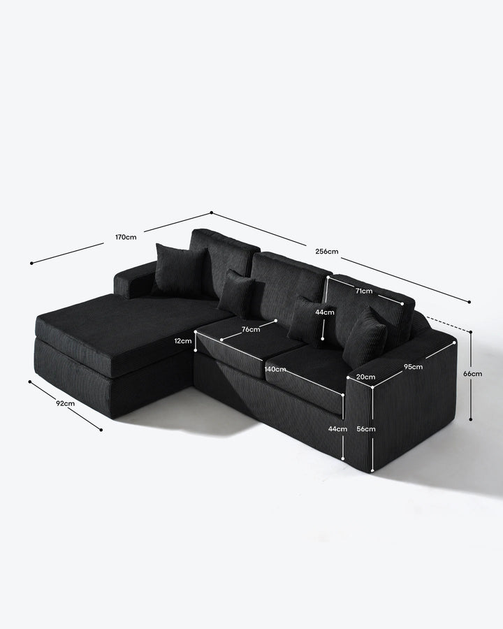 Dimensions of the Nodo Black Corduroy Modular Corner Sofa
