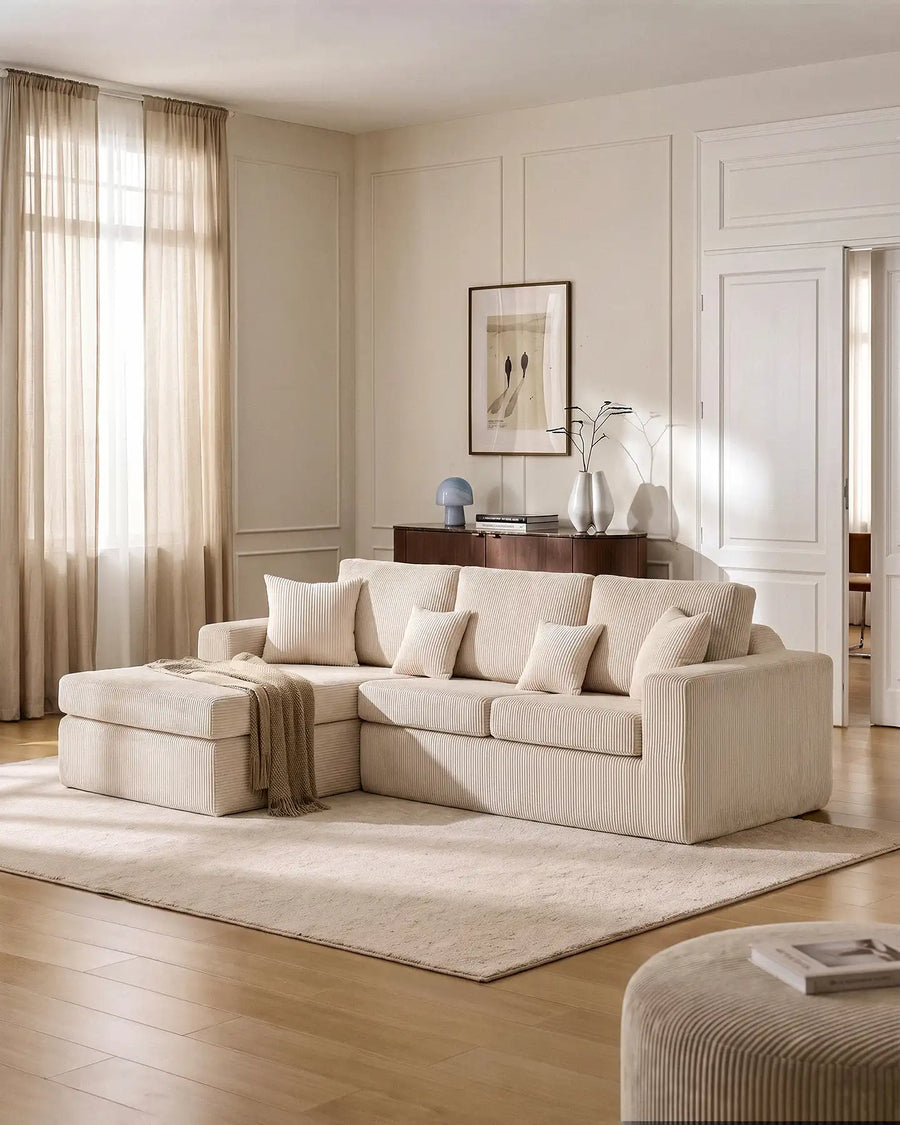 Nodo cream modular corner sofa with chaise in a modern living room